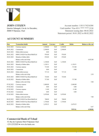 Download Chad Commercial Bank of Tchad bank statement excel Photoshop template